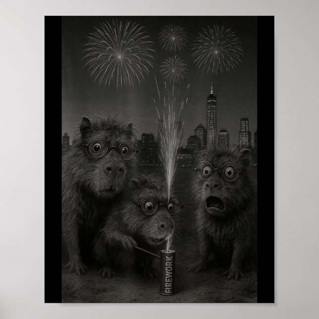 Funny Capybara Fireworks Happy New Year  Poster (Front)
