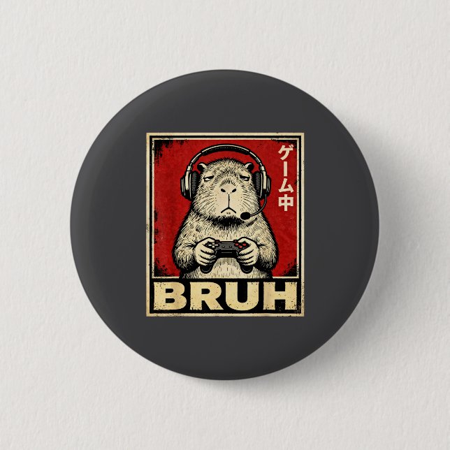 Funny Capybara Gamer Bruh Graphic Tee Men Boys Tee 6 Cm Round Badge (Front)