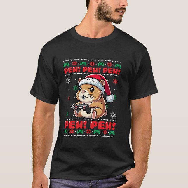 Funny Capybara Gamer Pew Video Game Ugly Christmas T-Shirt (Front)