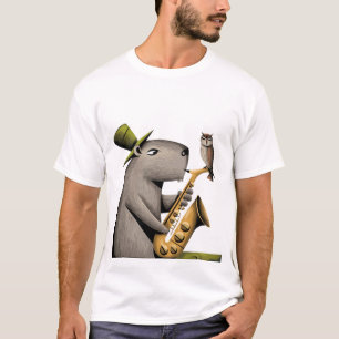 Funny Capybara Playing Saxophone with Owl T-Shirt