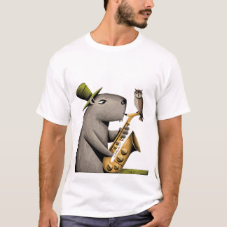 Funny Capybara Playing Saxophone with Owl T-Shirt