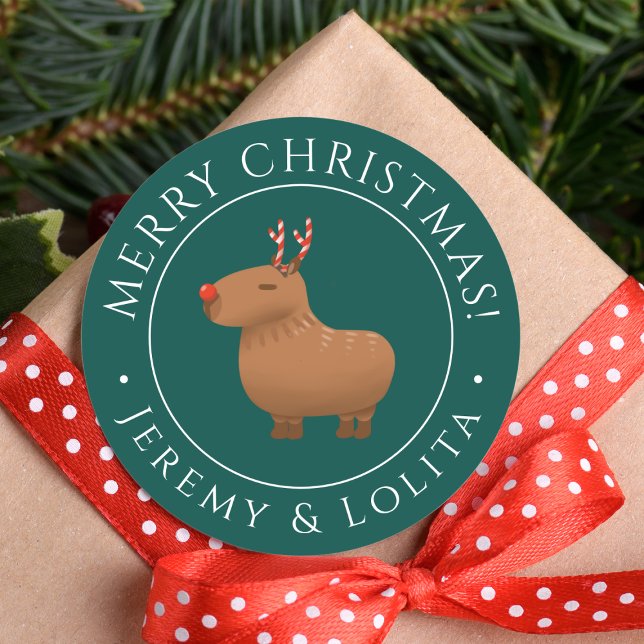 Funny Capybara Reindeer Christmas Classic Round Sticker (Wishing You Capy Holidays! May your Christmas be as charming and unique as our capybara reindeer!)