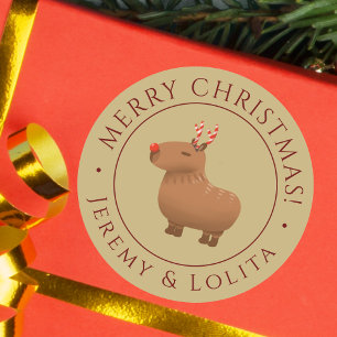 Funny Capybara Reindeer Christmas Gold Classic Round Sticker