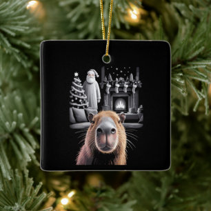 Funny Capybara Selfie with Santa Capy Xmas Ceramic Ornament