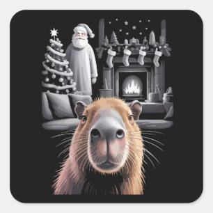 Funny Capybara Selfie with Santa Capy Xmas Square Sticker