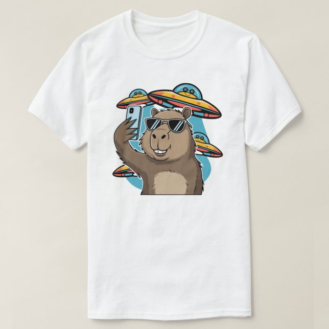 Funny Capybara Selfie with UFO Alien Spaceship T-S T-Shirt (Design Front)