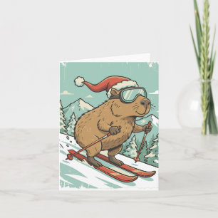Funny Capybara Skiing Christmas Winter Sports Love Holiday Card