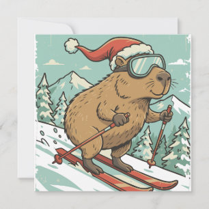 Funny Capybara Skiing Christmas Winter Sports Love Holiday Card
