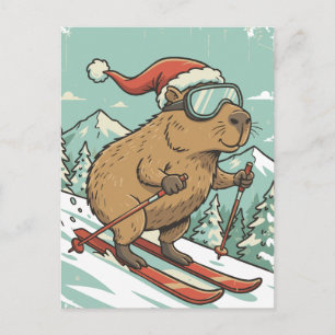 Funny Capybara Skiing Christmas Winter Sports Love Holiday Postcard