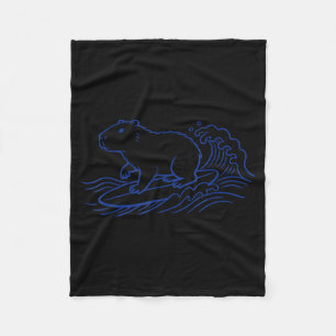 Funny capybara surfing big wave ocean vibes fleece blanket