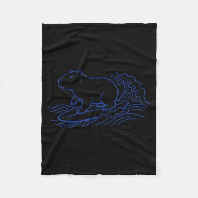 Funny capybara surfing big wave ocean vibes  fleece blanket (Front)