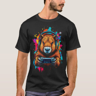 Funny Capybara Tee Gamepad Headphones Video Games 