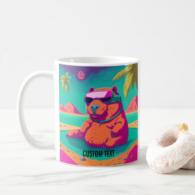 Funny Capybara Tropical Beach Personalised Coffee Mug (With Donut)