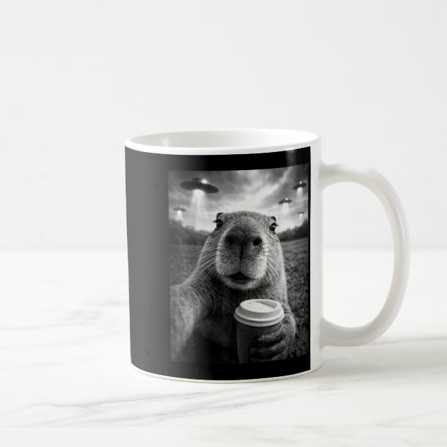 Funny capybara ufo selfie alien meme  coffee mug (Right)