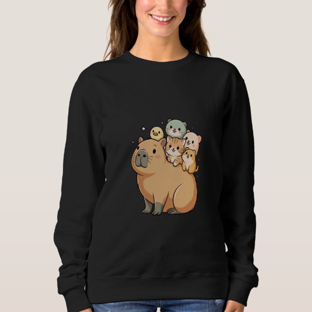 Funny Capybara with Tiny Animal Friends Duck Cat H Sweatshirt (Front)