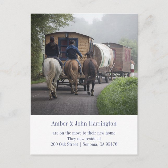 Funny Caravan And Riders On Horses Moving Announcement Postcard (Front)