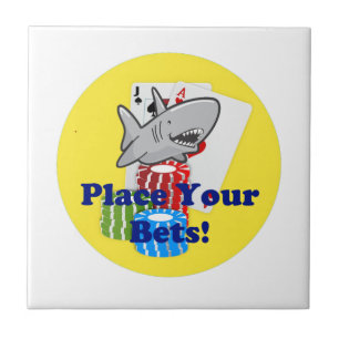 Funny Card Shark Gambling Cartoon with Poker Chips Ceramic Tile