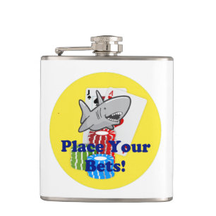 Funny Card Shark Gambling Cartoon with Poker Chips Hip Flask