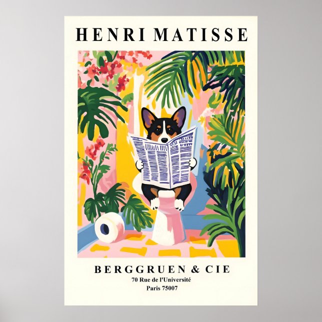 Funny Cardigan Corgi Art - Dog on Toilet Bathroom Poster (Front)