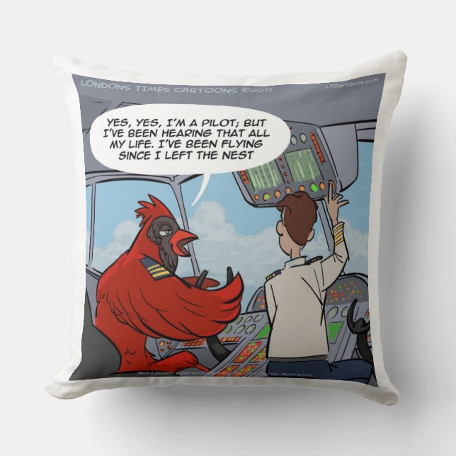 Funny Cardinal Bird Flies Jumbo Jet Throw Pillow (Front)