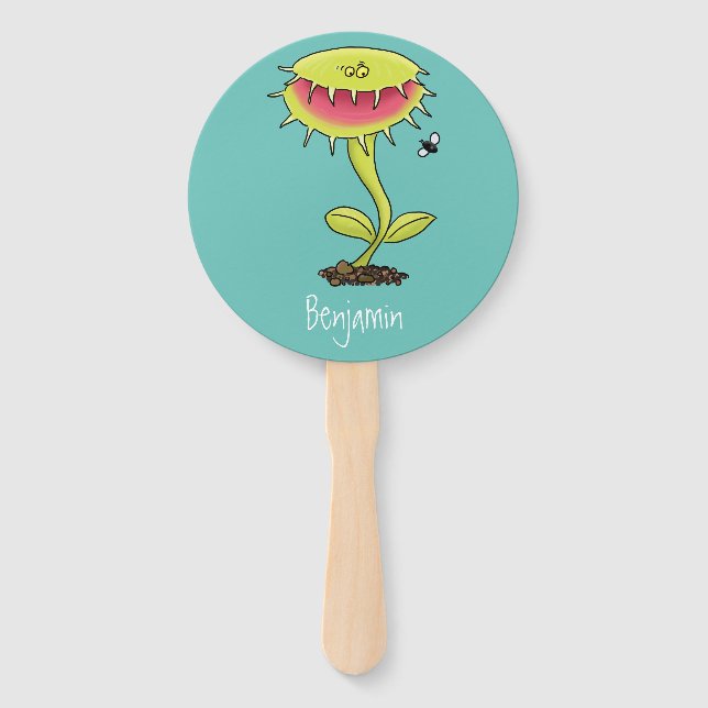 Funny carnivorous Venus fly trap plant cartoon Hand Fan (Front)