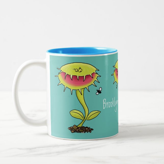 Funny carnivorous Venus fly trap plant cartoon Two-Tone Coffee Mug (Left)