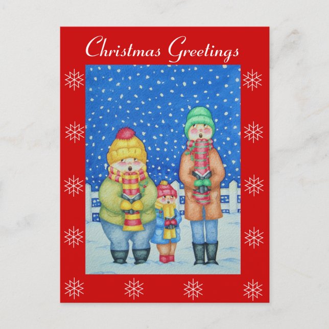 funny carol singers in the snow at christmas holiday postcard (Front)