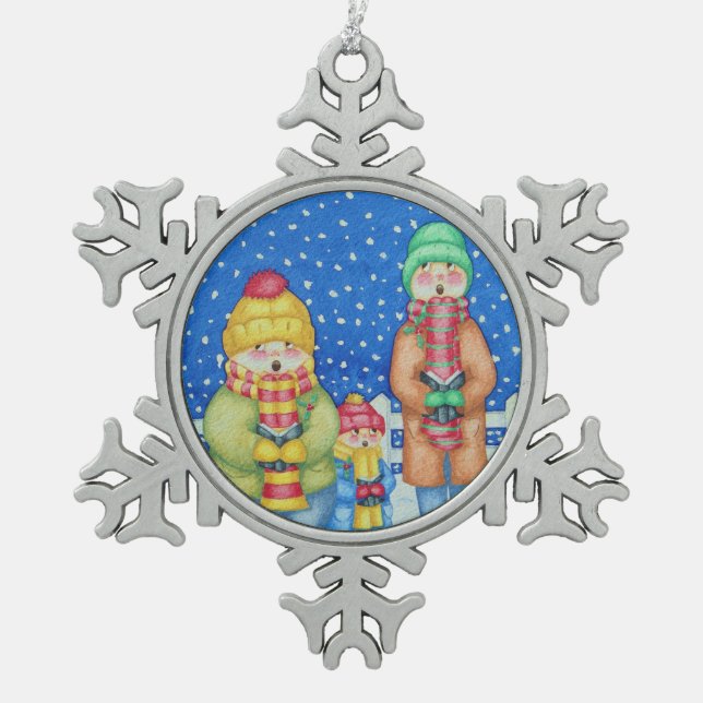 funny carol singers in the snow at christmas snowflake pewter christmas ornament (Front)