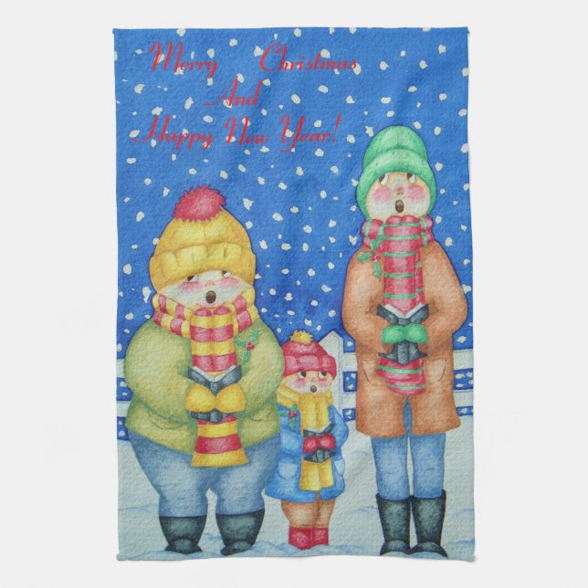 funny carol singers in the snow fun christmas tea towel (Vertical)