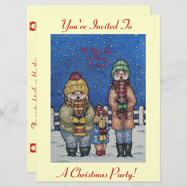 funny carol singers snow scene christmas invitation (Front/Back)