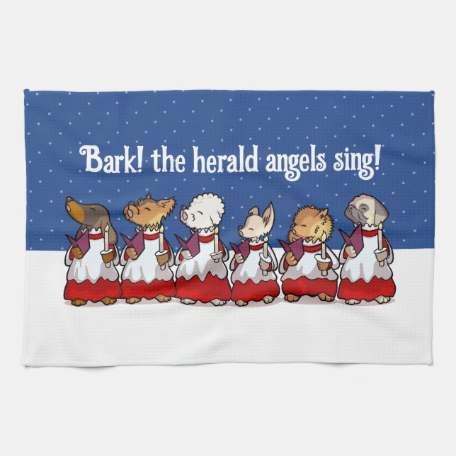 Funny Carol Singing Dogs Christmas Pug Pomeranian Tea Towel (Horizontal)