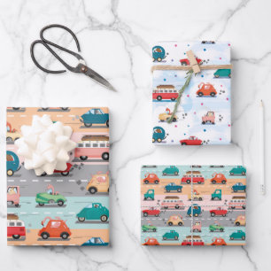 Funny cars pattern with animals driving wrapping paper sheet