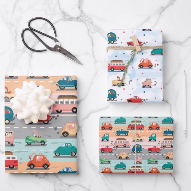 Funny cars pattern with animals driving wrapping paper sheet (Front)