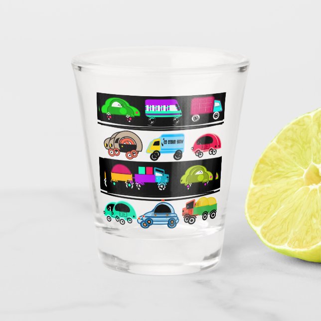 Funny cars shot glass (Front)