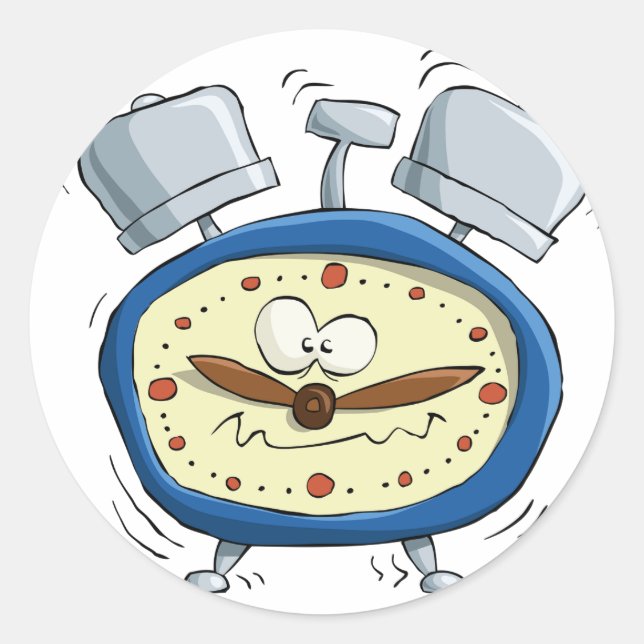 Funny Cartoon Alarm Clock Quirky Waking Up Classic Round Sticker (Front)