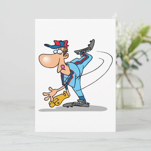 Funny Cartoon Baseball Pitcher Throwing a Fastball Invitation (Standing Front)