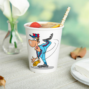 Funny Cartoon Baseball Pitcher Throwing a Fastball Paper Cups