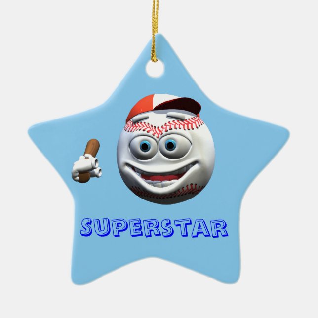 Funny Cartoon Baseball with Bat Ceramic Ornament (Front)