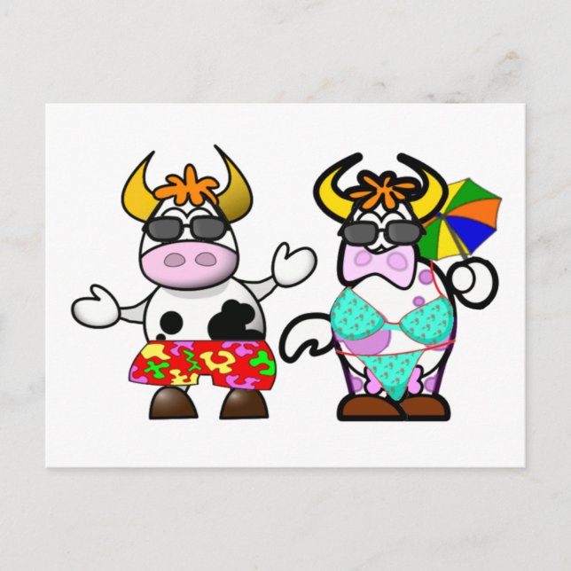 Funny Cartoon Beach Cow Couple Post Card (Front)
