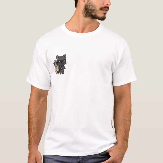 Funny Cartoon Black Cat Burglar Stealing Bag T-Shirt (Front)