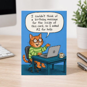Funny Cartoon Blue AI Birthday Orange Cat Laptop Card
