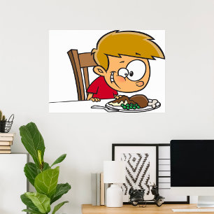 Funny Cartoon Boy Excited for Dinner  Poster