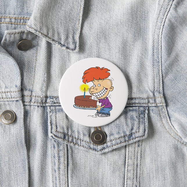Funny Cartoon Boy with Chocolate Birthday Cake 7.5 Cm Round Badge (Creator Uploaded)