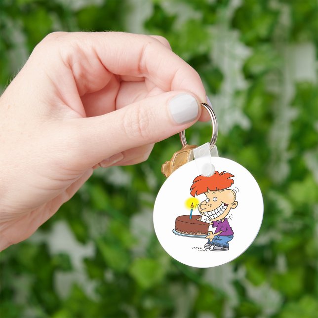 Funny Cartoon Boy with Chocolate Birthday Cake Key Ring (Creator Uploaded)