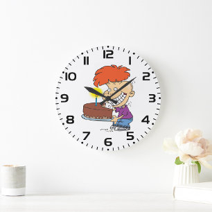 Funny Cartoon Boy with Chocolate Birthday Cake Large Clock
