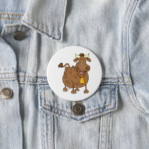Funny Cartoon Brown Cow with Bell Farm Animal  7.5 Cm Round Badge