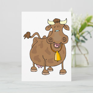 Funny Cartoon Brown Cow with Bell Farm Animal Invitation