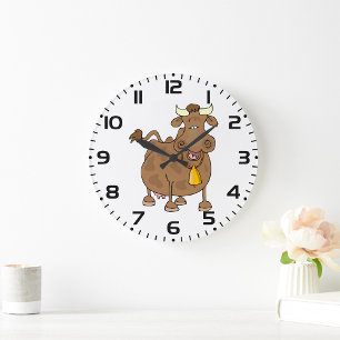Funny Cartoon Brown Cow with Bell Farm Animal  Large Clock