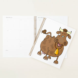 Funny Cartoon Brown Cow with Bell Farm Animal Planner
