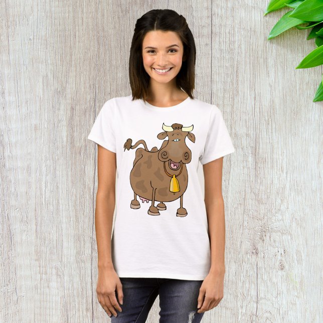 Funny Cartoon Brown Cow with Bell Farm Animal  T-Shirt (Creator Uploaded)